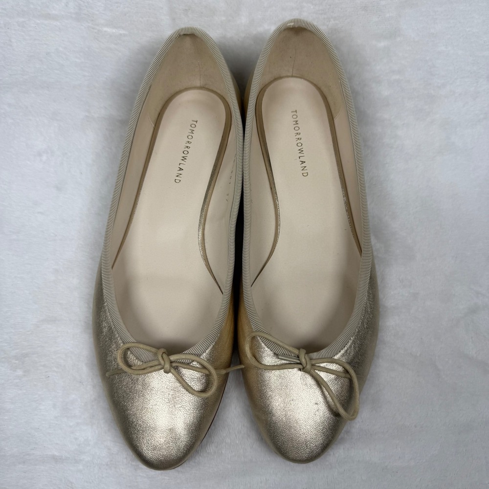 Tomorrowland Metallic Gold Leather Ballet Flats Bow Almond Toe TMD-001 Size 37 - Picture 3 of 12